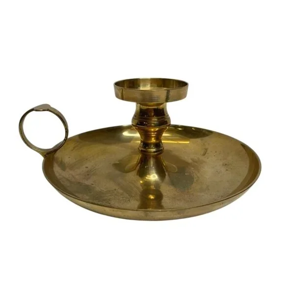 Vintage Brass Chamberstick Candle Holder Round Drip Tray Base Loop Handle Antiqu - Picture 3 of 6